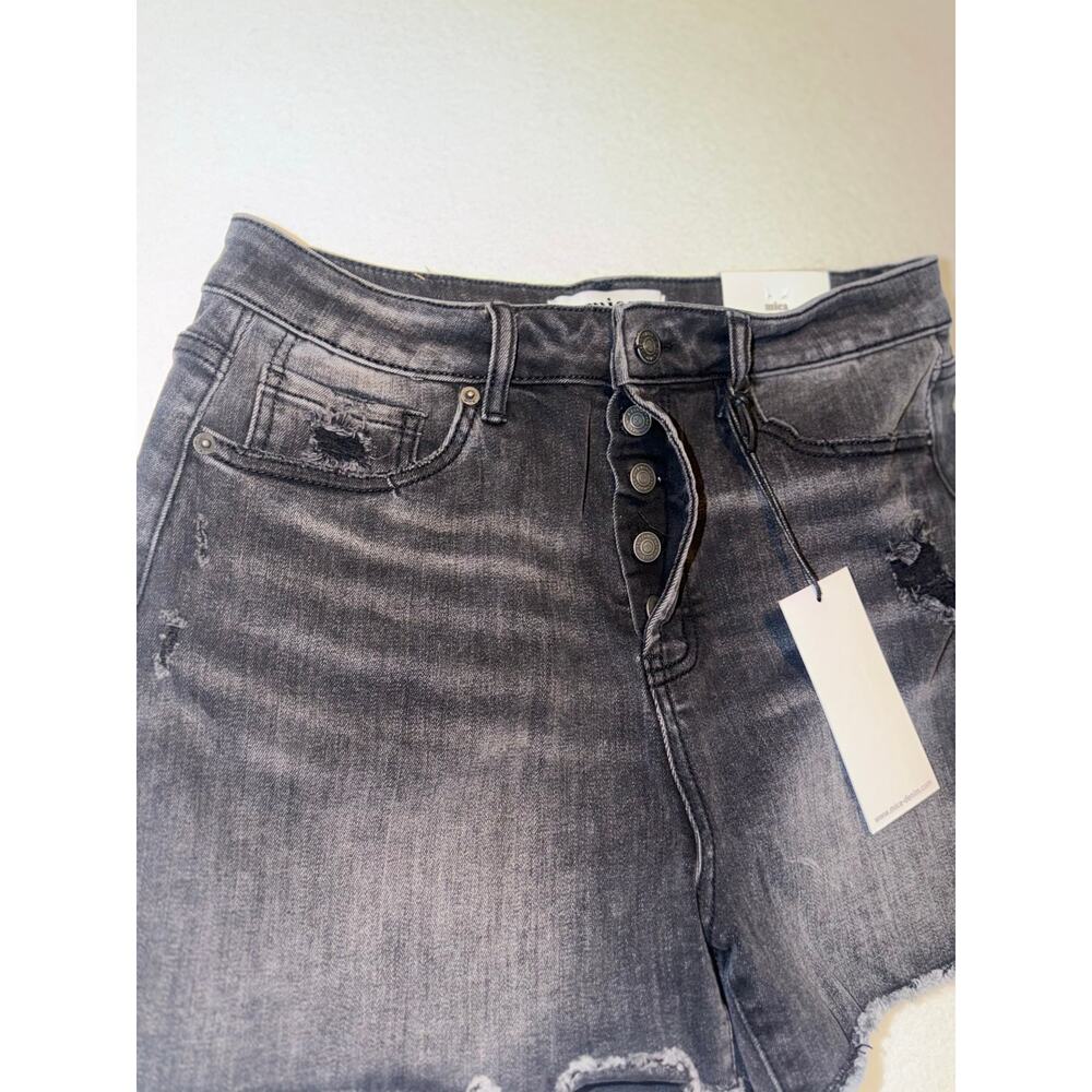 Mica Los Angeles New distressed button zipper black raw frayed hem jeans shorts - Picture 2 of 16